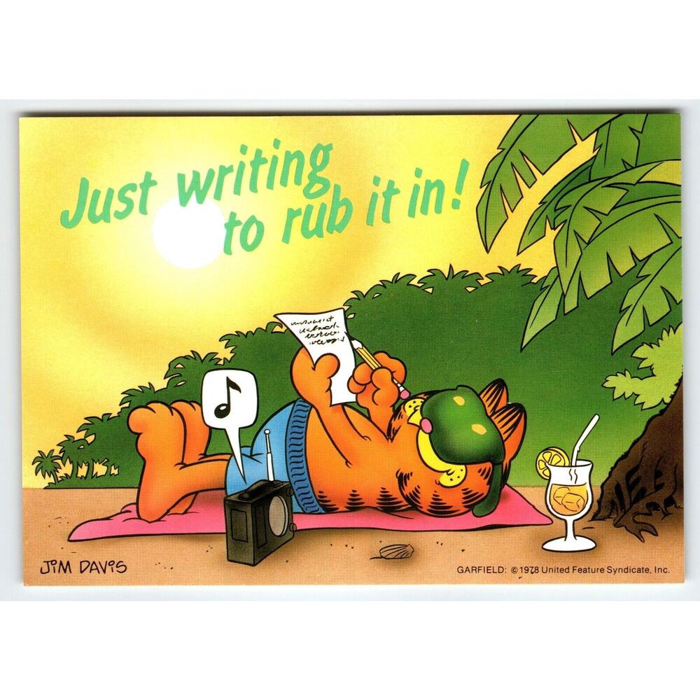 Garfield Just Writing To Rub It In Postcard Signed Jim Davis Comic Cat 1978
